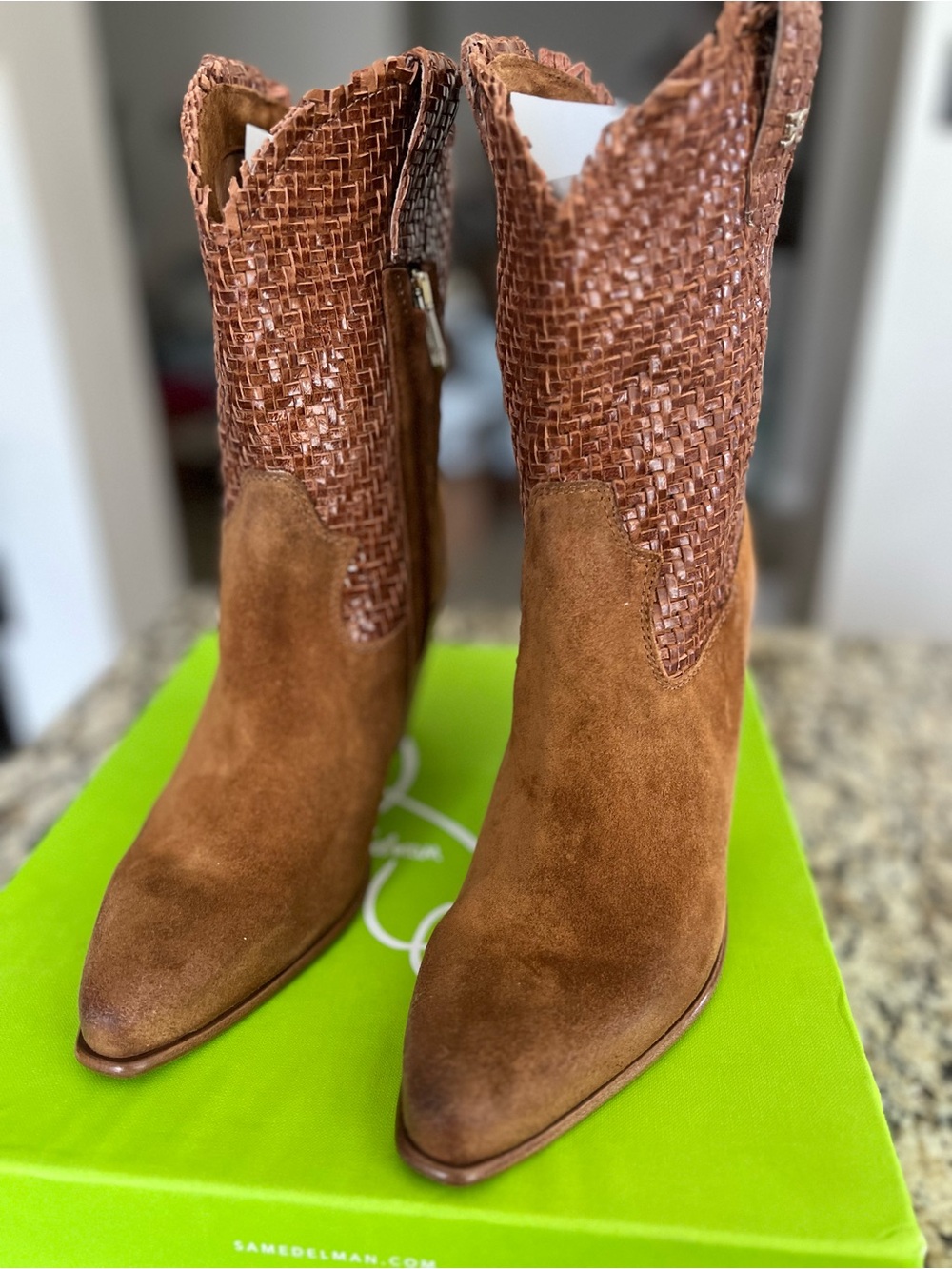 NIB Sam Edelman Tracy Cuoio Stacked Heel Pointy Toe Mid-calf Western Boots 10